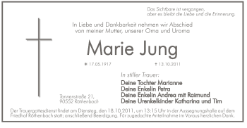 Traueranzeige von Marie Jung von Pegnitz-Zeitung
